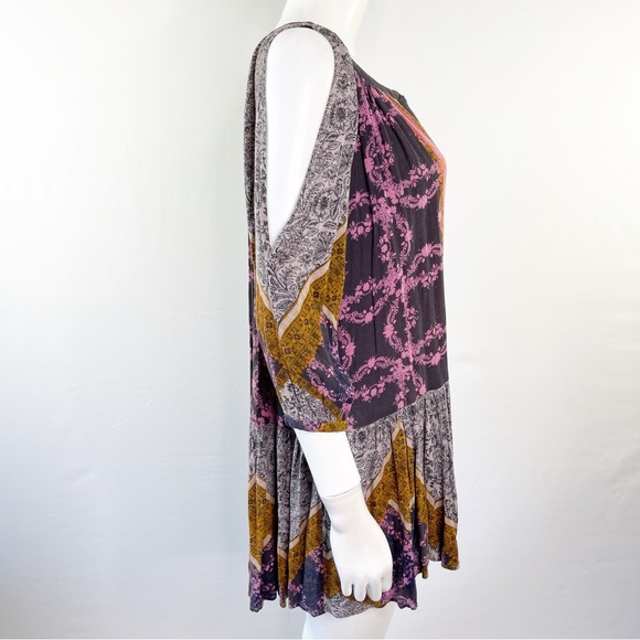 Free People Multicolor Damask Print Cold Shoulder Mini Dress Tunic Size XS - Picture 5 of 9
